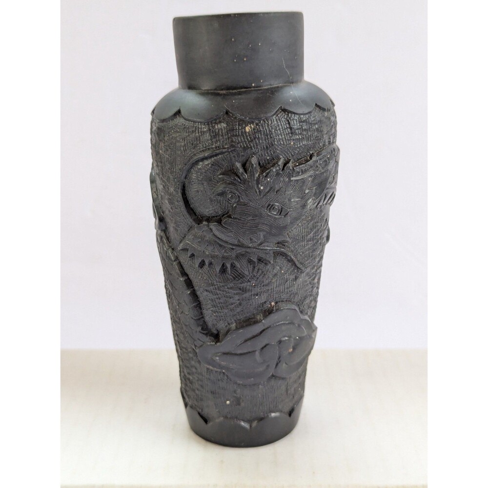 Rare! Vintage Chinese Dragon Carved Black Cinnabar Vase 6" High